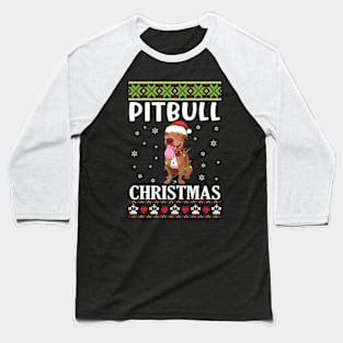 Pitbull Dog Dancing With Snow Merry Christmas Day Dad Mommy Baseball T-Shirt